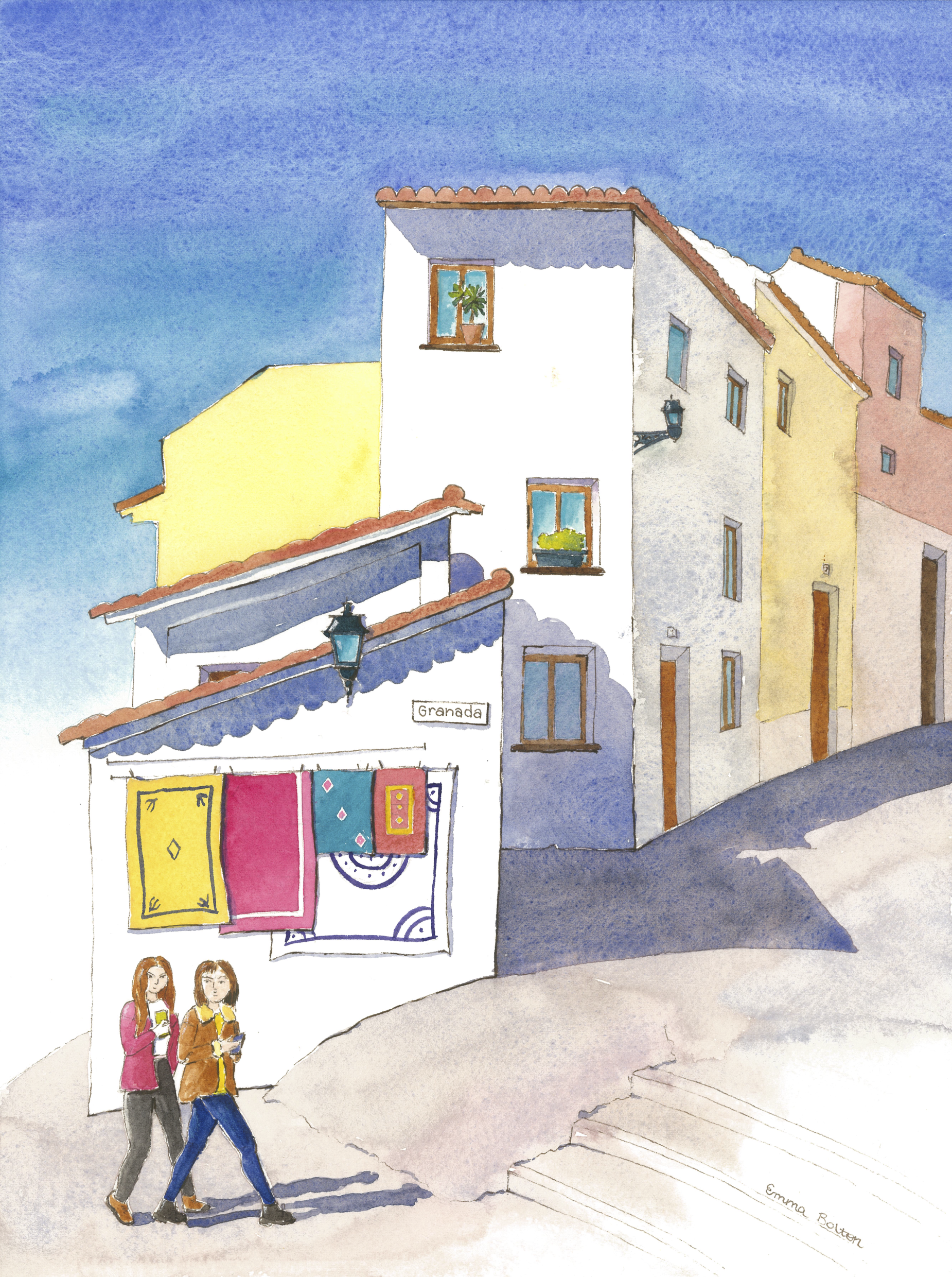 Watercolour sketch of two white women walking in front of layered white. buildings. The closest building says "Granada" and is covered in bright carpets of different sizes. The sun is coming from the top left and casting strong shadows on the white and naples yellow buildings, which curve around a hill. The sky is blue and turquoise.