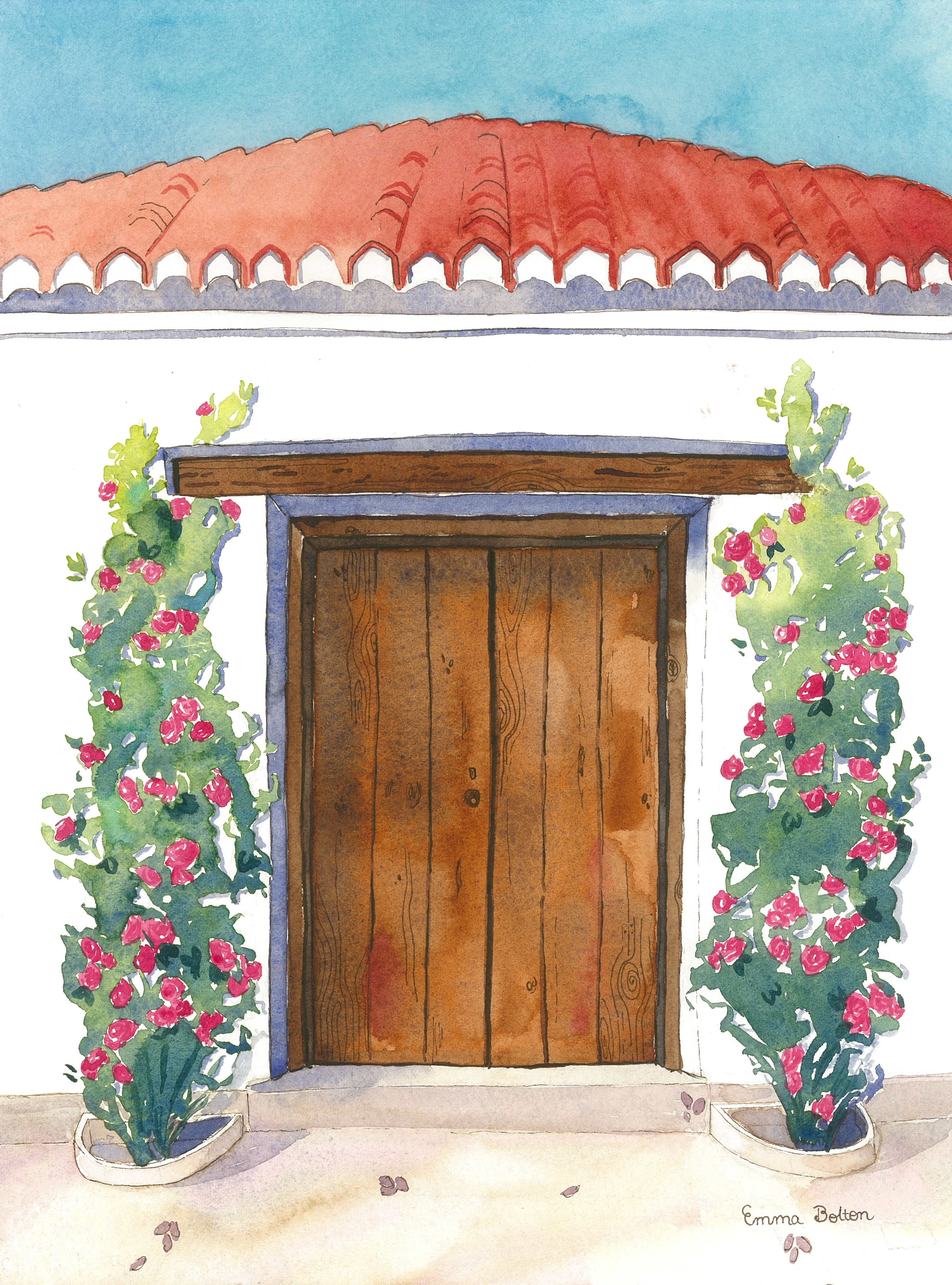 Watercolour sketch of a wooden door on a white building with a red roof and glimpse of blue sky. Pink roses grow either side of the door.