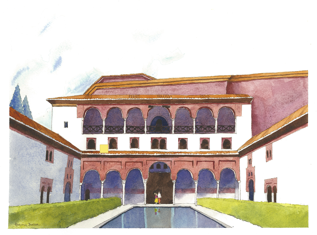 Watercolour painting of the Court of Myrtles at the Alhambra Palace, Granada by emma bolton