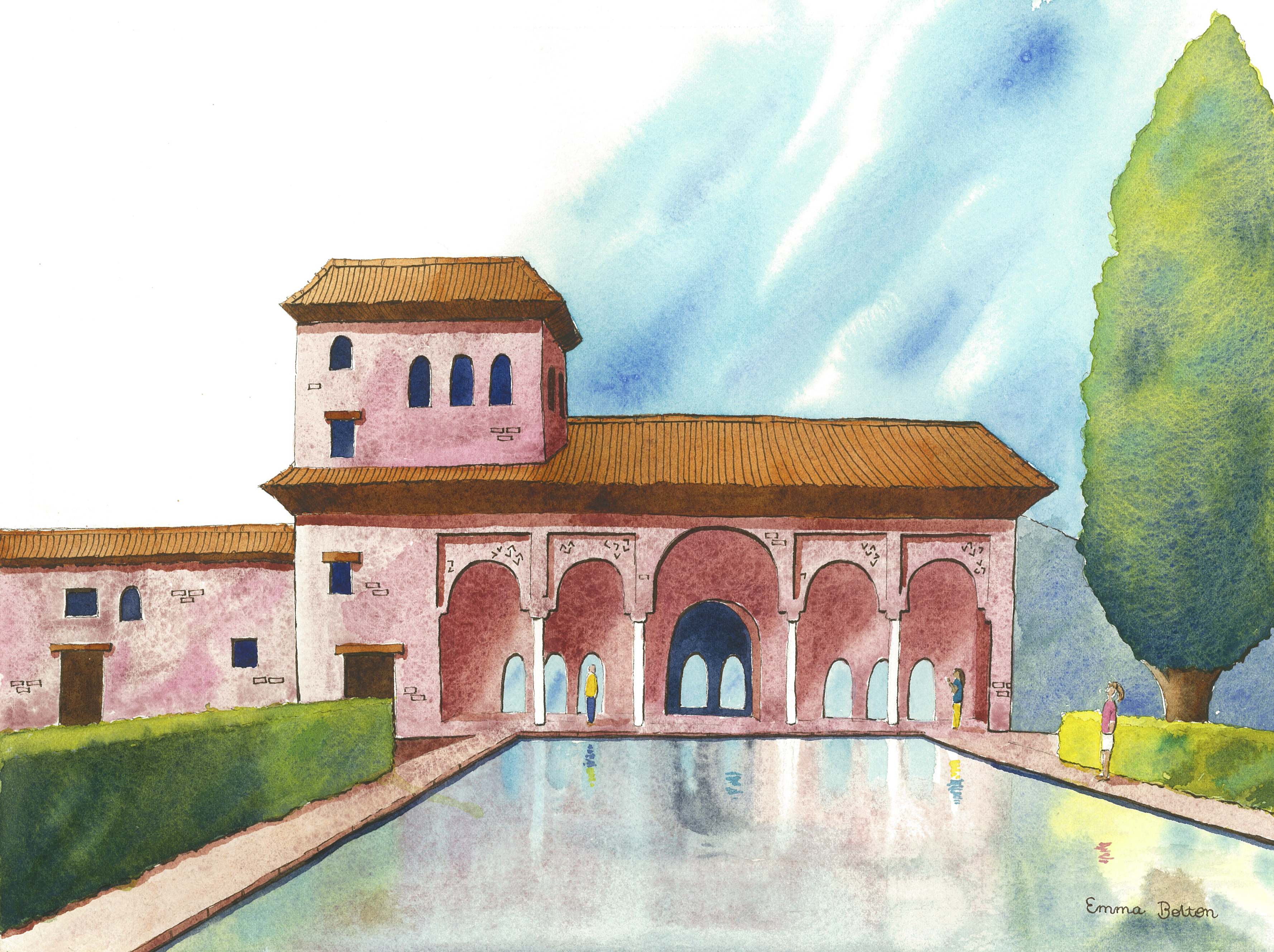 Watercolour sketch of a two-storey pink stone building with wooden roofs. The bottom floor has large arches with people under it. The sky is blue but cloudy, and reflected in the large pool of water in front of the building.