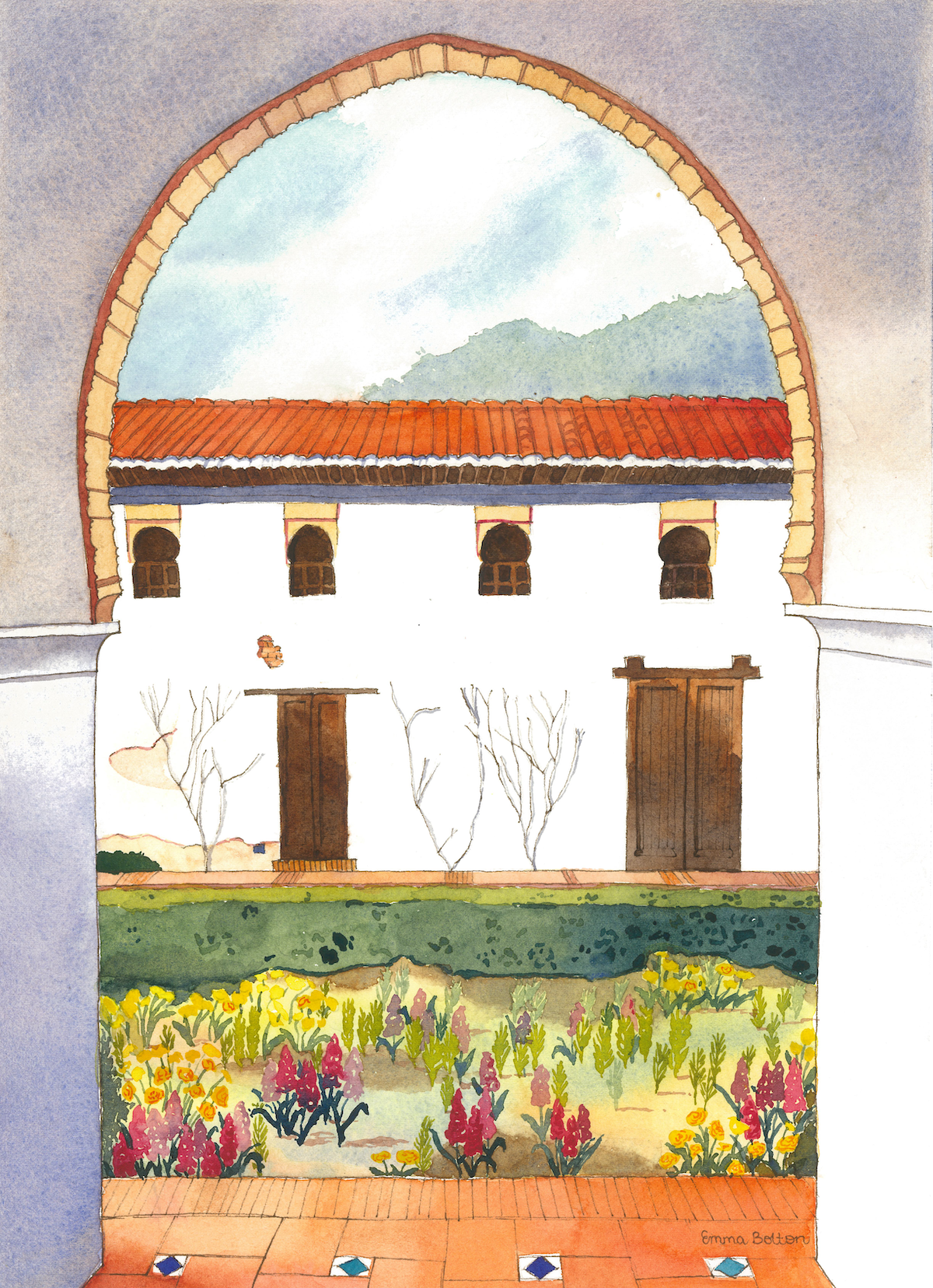 Watercolour sketch of part of the white Generalife Palace at the Alhambra, Granada with a garden full of bright flowers in front of it. The palace is viewed through a shaded archway, with orange bricks decorated with colourful tiles.