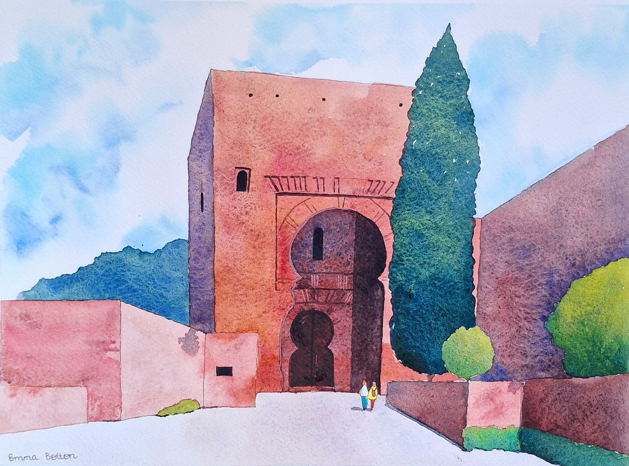 Watercolour sketch of a large stone gate. The sun is coming from the top right creating pink and purple shadows on the gate. The gate has a large decorative archway with a smaller doorway inside. Two tourists stare at the gate, showing its large size. There is greenery in the background and in front of the stone wall to the right.