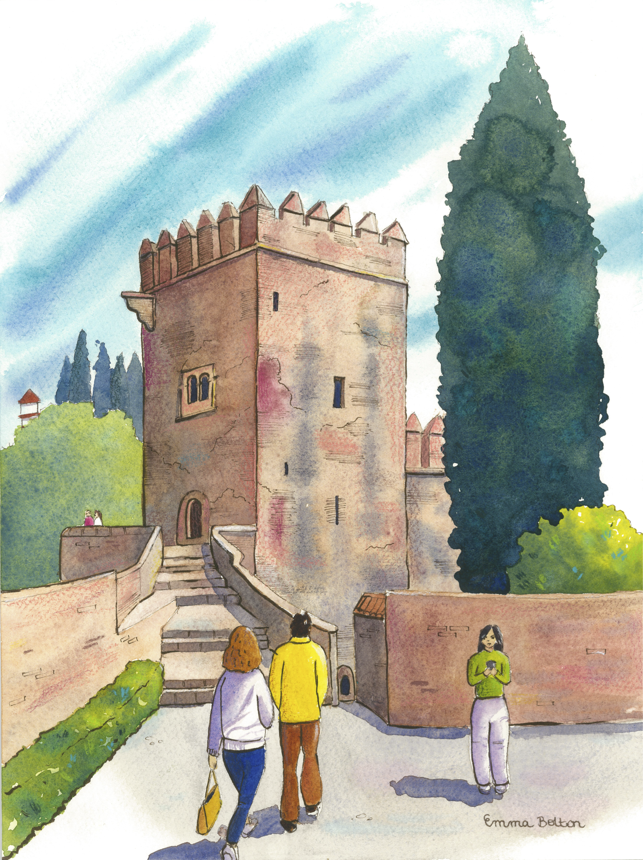 Watercolour sketch of two tourists looking up towards the Torre de los Picos at the Alhambra, Granada.