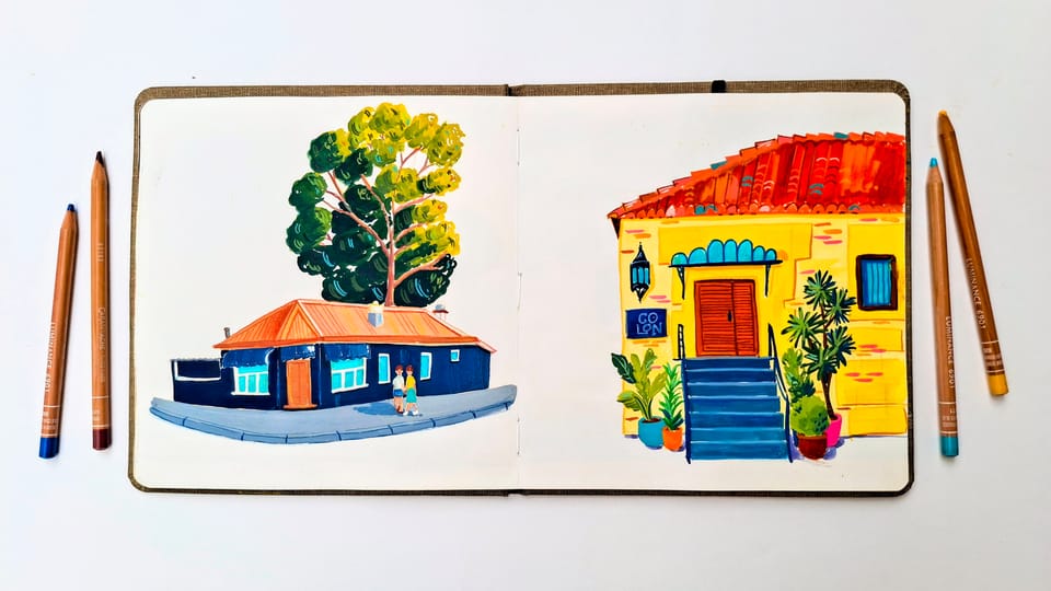 An open sketchbook showing two urban scenes. Two people walking past a navy house with a eucalyptus trees and a yellow restaurant called Colón.