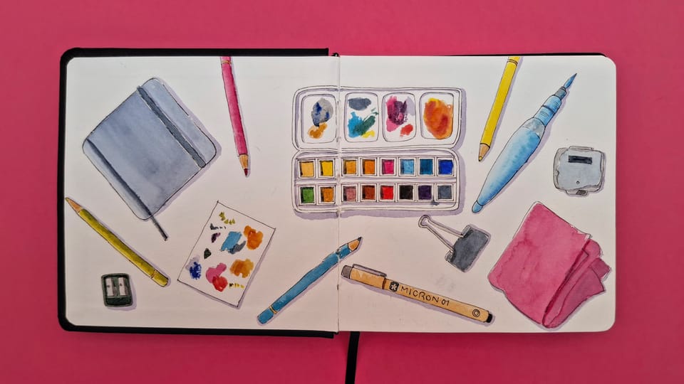 Watercolour sketch of various sketching materials, including a sketchbook, watercolour palette, water brush and microfibre cloth on a dark pink background.