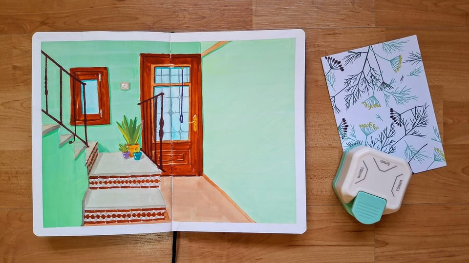 A gouache sketch of an entryway with mint green walls, a tiled staircase, plants and a wooden window and door. An edge cutter and a white card with plant illustrations.