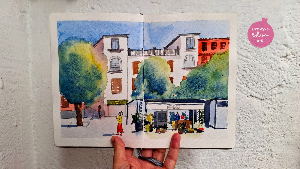 Watercolour sketch by Emma Bolton of Carolina Bouquet flower stand in Bib Rambla, Granada. Behind the stand are lush trees and a tall white apartment block under a cobalt sky. 
