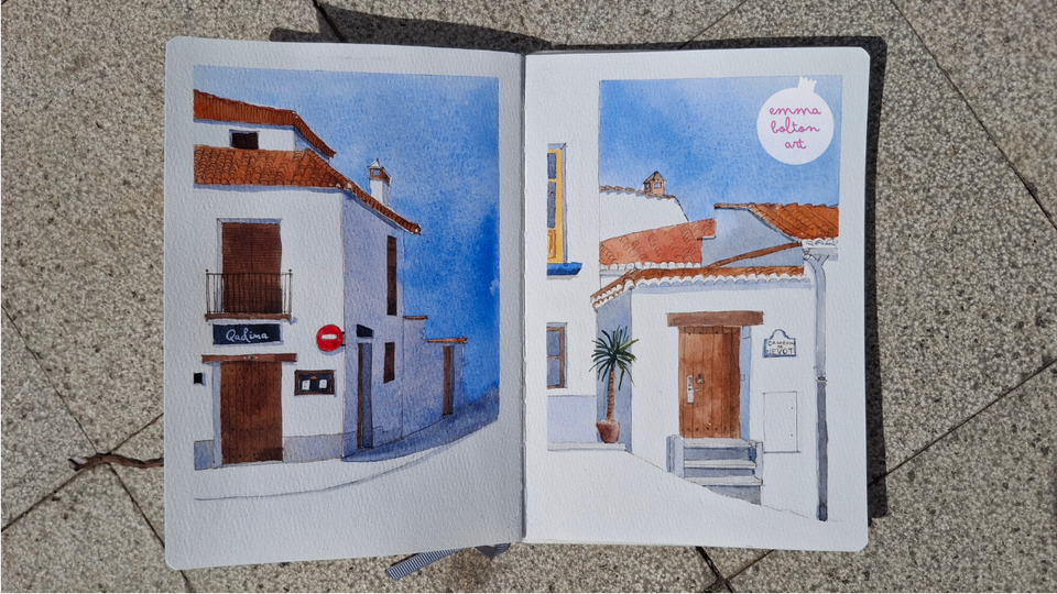 Two watercolour sketches of white buildings in the Albaicín in two-point perspective. The buildings have brown roofs, wooden doors and are under a bright blue sky.