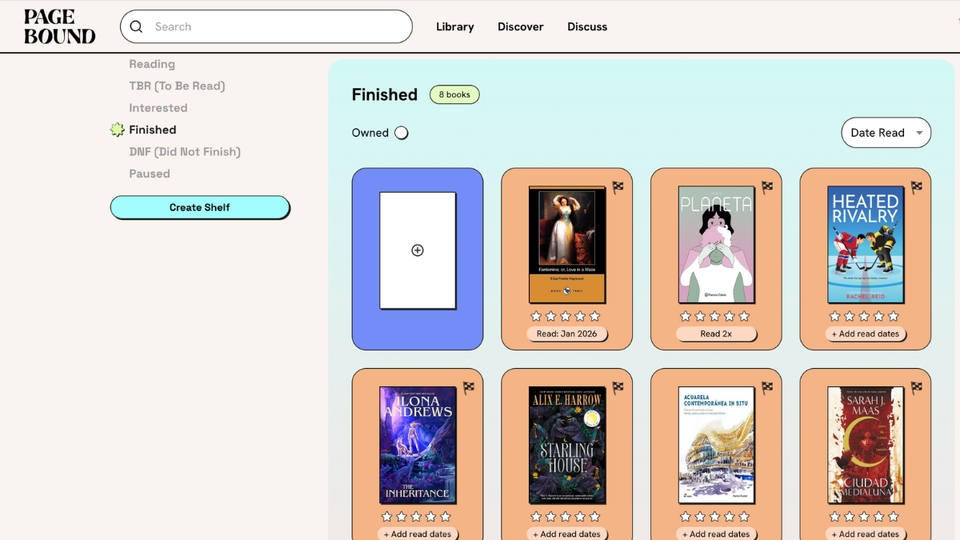 A list of 8 finished books in a Pagebound Library with their covers, including Starling House by Alix E. Harrow and Heated Rivalry by Rachel Reid.